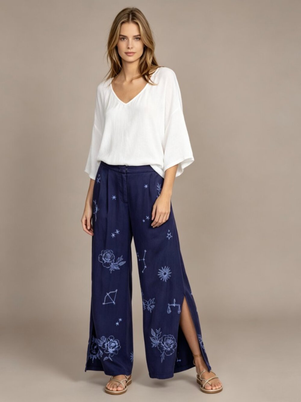 $248 NWOT Johnny Was Bijou High Slit Floral Embroidered Wide Leg Pants Blue Sz M